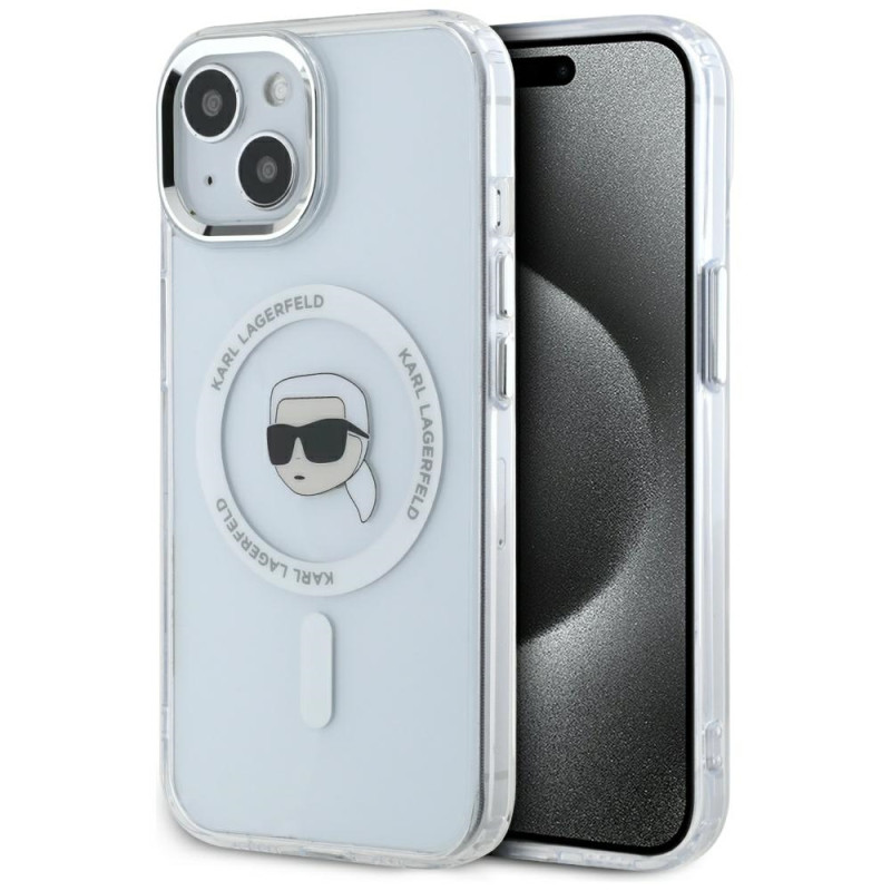 „Karl Lagerfeld“ IML metalinis „Karl Head MagSafe“ dėklas, skirtas „iPhone 15 Plus“, baltas