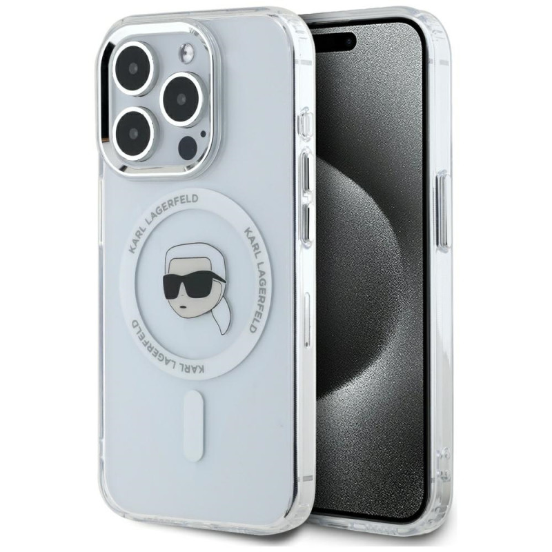 „Karl Lagerfeld“ IML metalinis „Karl Head MagSafe“ dėklas, skirtas „iPhone 15 Pro“, baltas