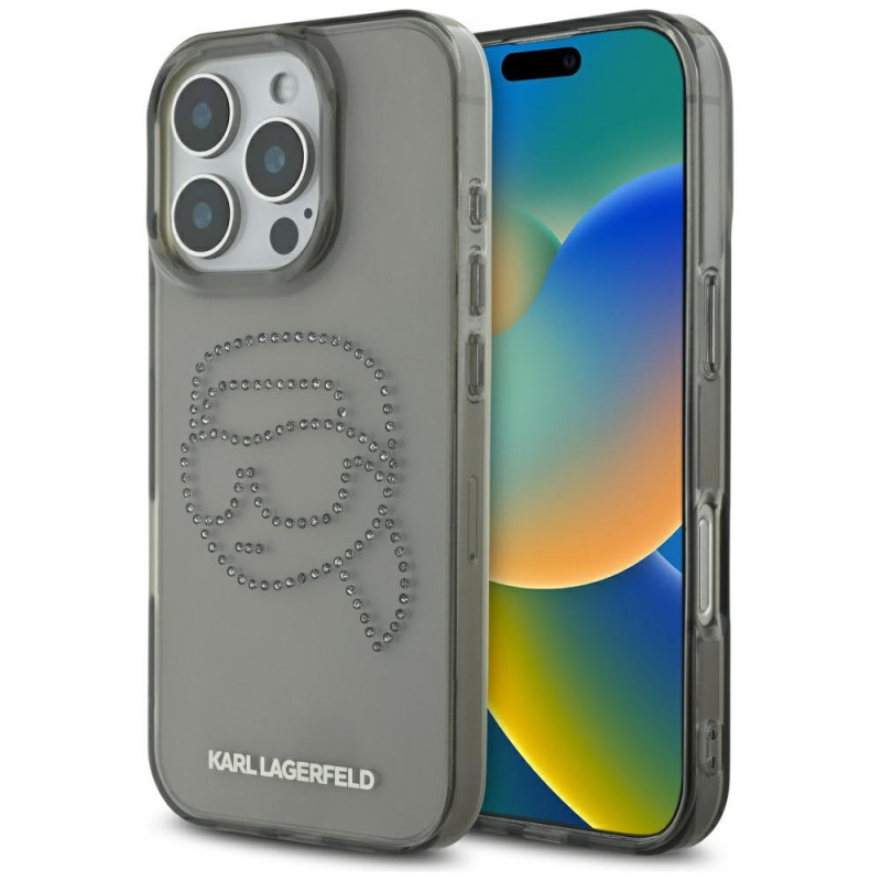 „Karl Lagerfeld IML“ „Rhinestones Karl Head“ dėklas, skirtas „iPhone 16 Pro“, juodas