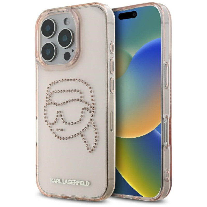 „Karl Lagerfeld IML“ „Rhinestones Karl Head“ dėklas, skirtas „iPhone 16 Pro“, rožinis