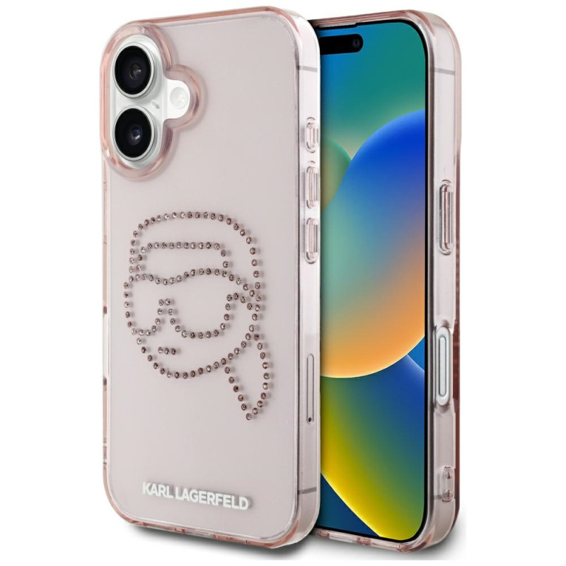 Karl Lagerfeld IML Rhinestones Karl Head iPhone 16 dėklas rožinis