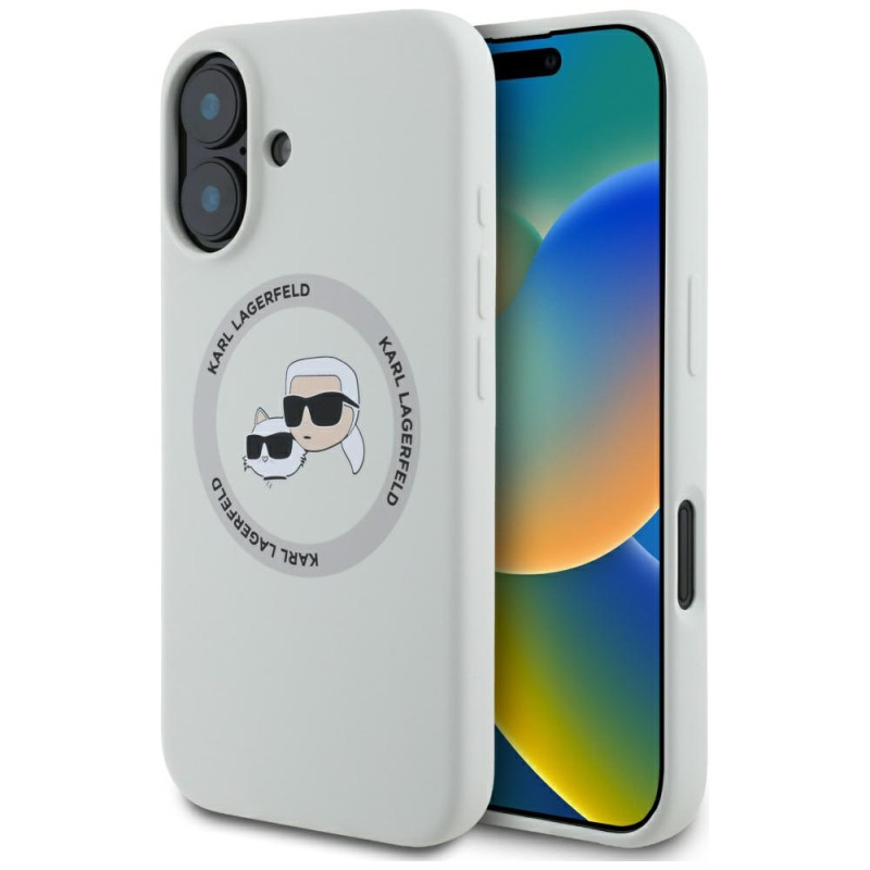 „Karl Lagerfeld“ silikoninis dvigubų galvučių ir apskritimo formos „MagSafe“ dėklas, skirtas „iPhone 16“, smėlio spalvos...