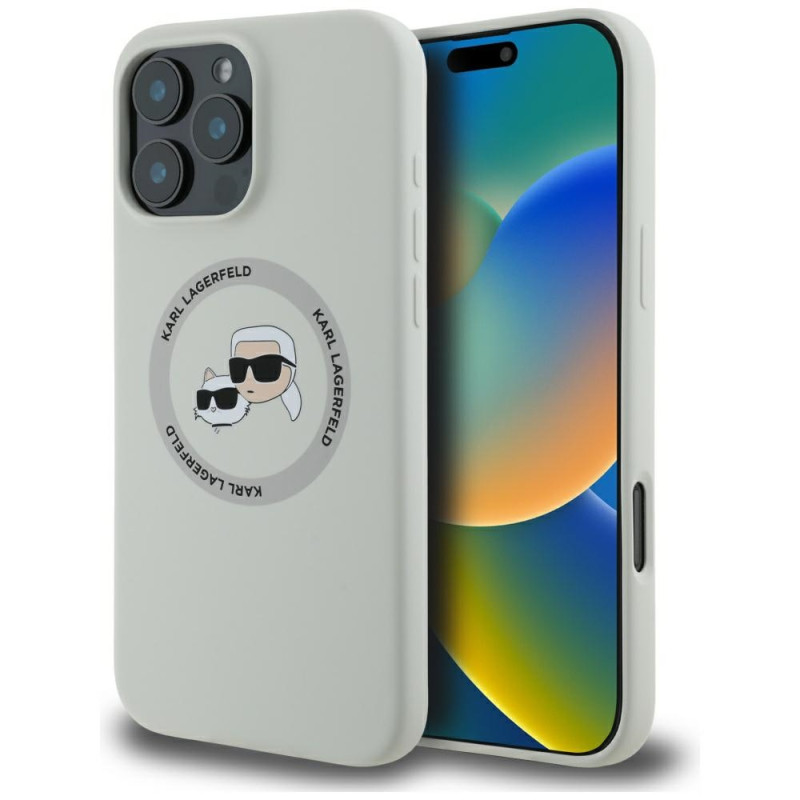 „Karl Lagerfeld“ silikoninis dvigubų galvučių ir apskritimo formos „MagSafe“ dėklas, skirtas „iPhone 16 Pro Max“, smėlio...