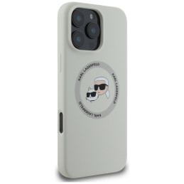 „Karl Lagerfeld“ silikoninis dvigubų galvučių ir apskritimo formos „MagSafe“ dėklas, skirtas „iPhone 16 Pro Max“, smėlio...