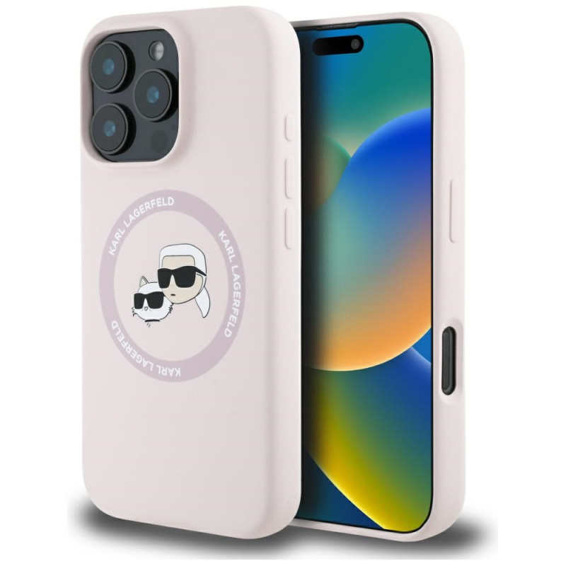 „Karl Lagerfeld“ silikoninis dvigubų galvučių ir apskritimo formos „MagSafe“ dėklas, skirtas „iPhone 16 Pro Max“, rožini...