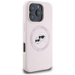„Karl Lagerfeld“ silikoninis dvigubų galvučių ir apskritimo formos „MagSafe“ dėklas, skirtas „iPhone 16 Pro Max“, rožini...