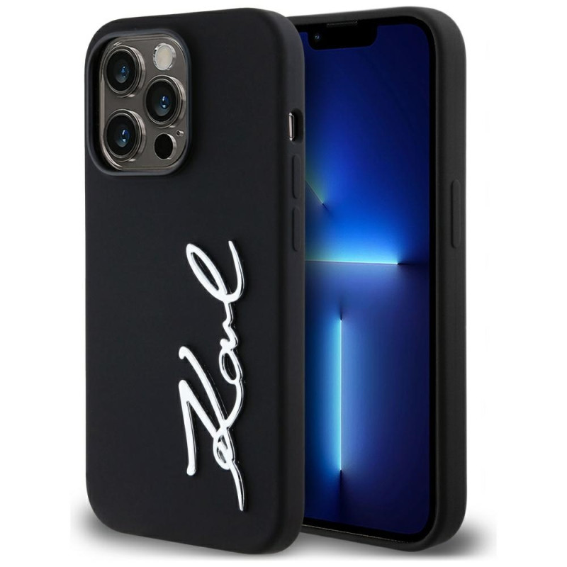 Karl Lagerfeld silikoninis metalinis „Script Logo“ dėklas, skirtas iPhone 14 Pro, juodas