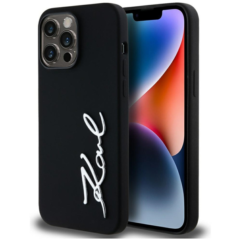 Karl Lagerfeld silikoninis metalinis „Script Logo“ dėklas, skirtas iPhone 14 Pro Max, juodas