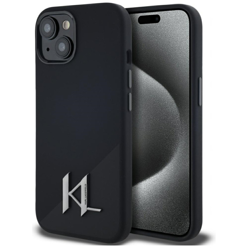 Karl Lagerfeld silikoninis „Shadow Metal Initial MagSafe“ dėklas, skirtas iPhone 15, juodas