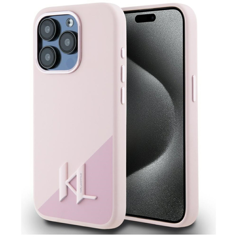 Karl Lagerfeld silikoninis „Shadow Metal Initial MagSafe“ dėklas, skirtas „iPhone 15 Pro“, rožinis