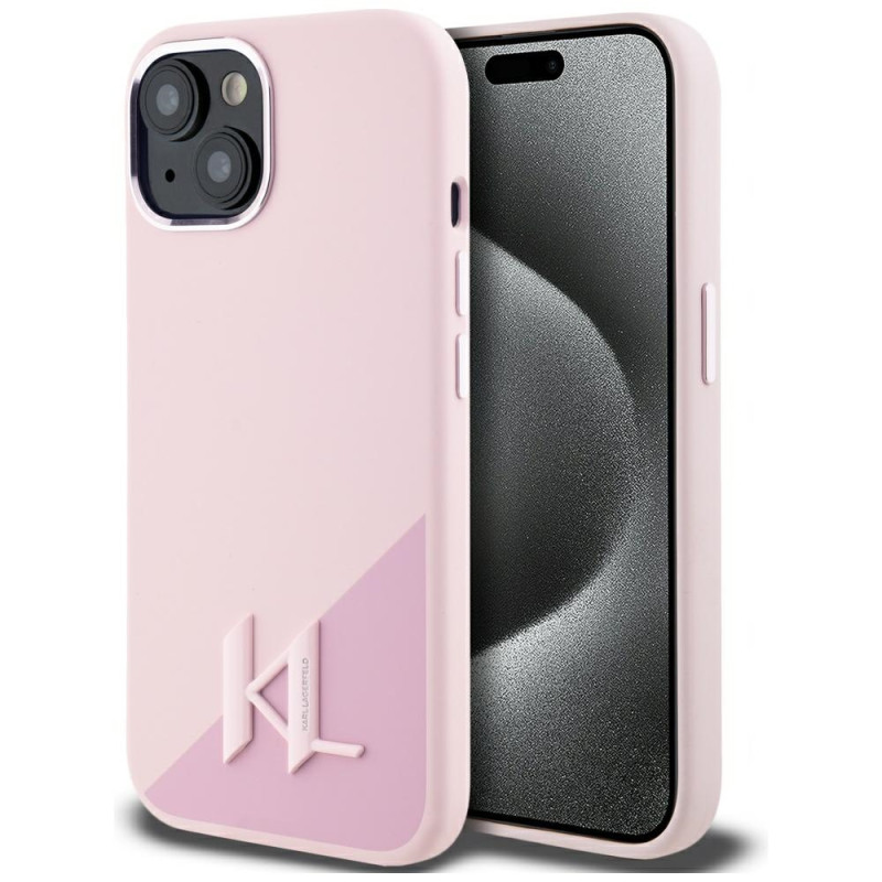 Karl Lagerfeld silikoninis „Shadow Metal“ „Initial MagSafe iPhone 15“ dėklas, rožinis