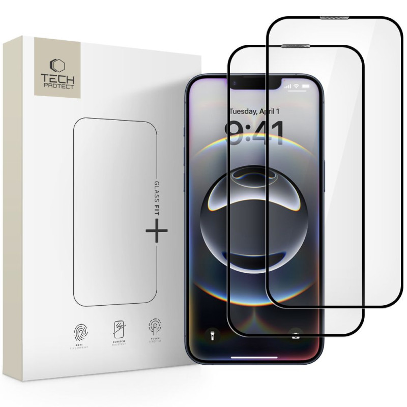 „Tech-Protect Glass Fit+“ grūdinto stiklo dėklas iPhone 16e / 14 / 13 Pro / 13 telefonui – juodas