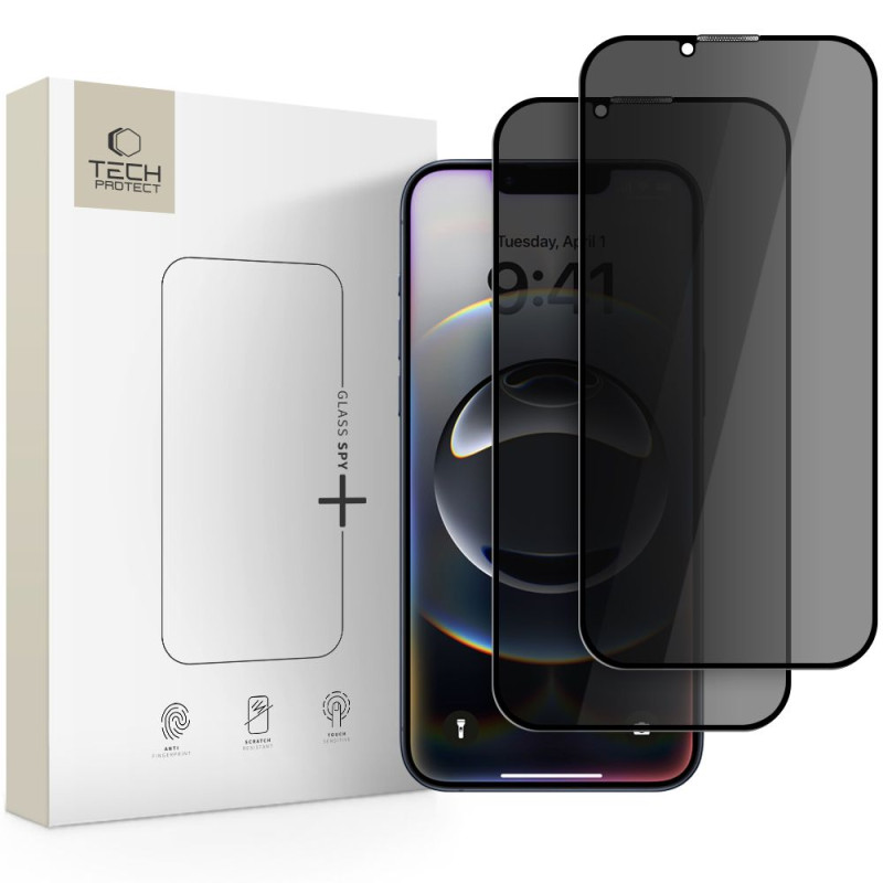 „Tech-Protect Anti Spy Glass Pro+“ 2 vnt. pakuotė, skirta „iPhone 16e / 14 / 13 Pro / 13“ – juodos spalvos