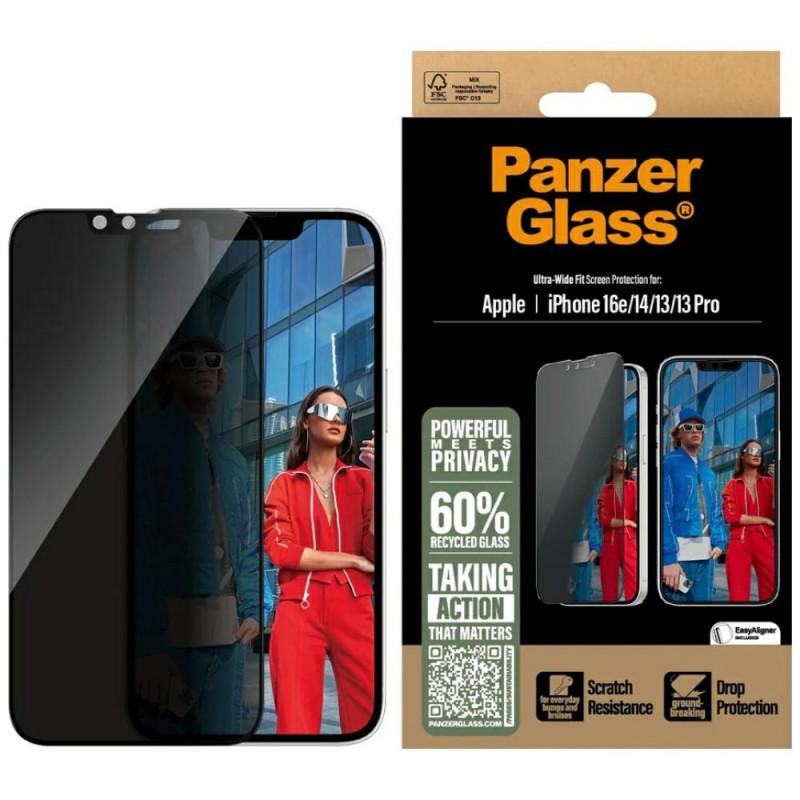 „PanzerGlass“ itin plataus diametro privatumo stiklas, skirtas „iPhone 16e / 14 / 13 / 13 Pro“