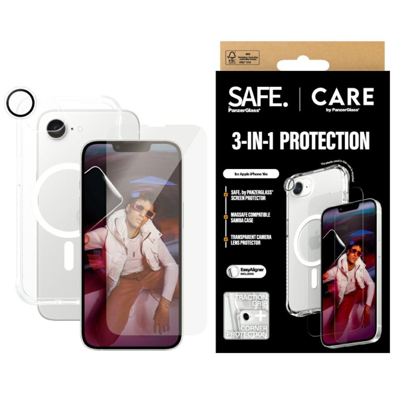 „CARE by PanzerGlass Fashion 3in1“ apsauginis dėklas + stiklas + objektyvas, skirtas „iPhone 16e“ – skaidrus