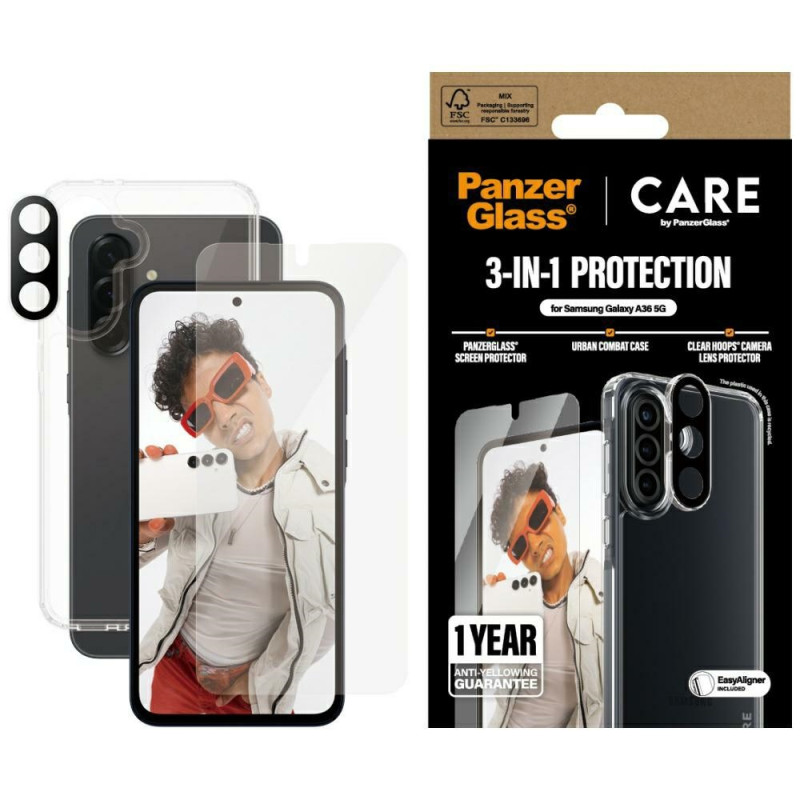 „CARE by PanzerGlass Flagship 3in1“ dėklas + stiklas + objektyvas, skirtas „Samsung Galaxy A36 5G“ - skaidrus
