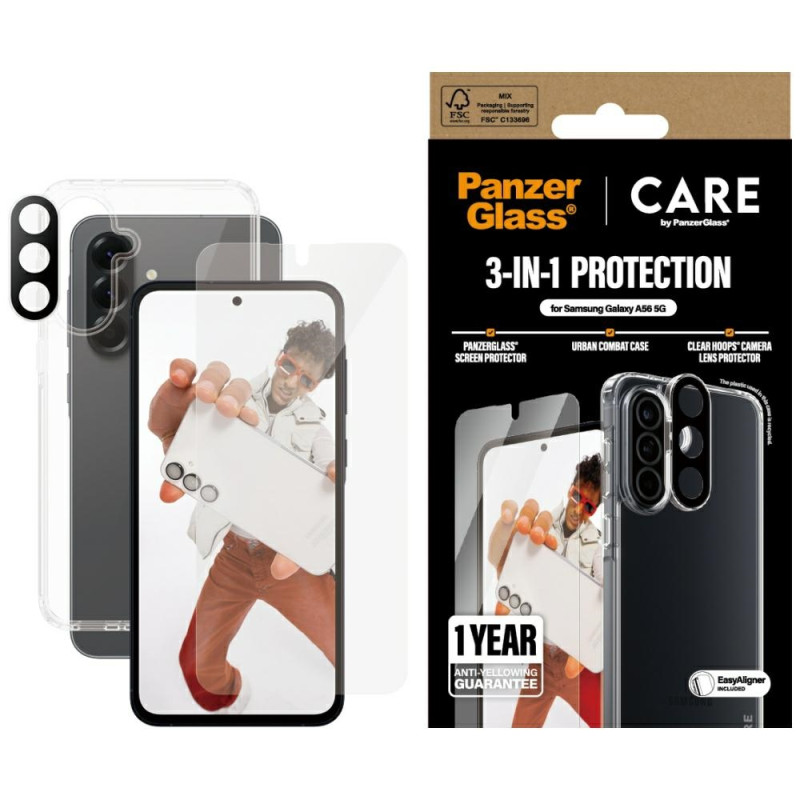 „CARE by PanzerGlass Flagship 3in1“ dėklas + stiklas + objektyvas, skirtas „Samsung Galaxy A56 5G“ - skaidrus