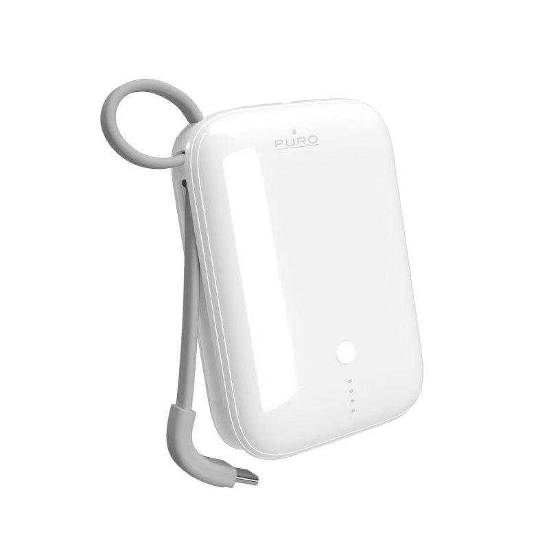 „Puro Power Link 10 Plus“ 10000 mAh išorinė baterija su integruotu USB-C laidu – balta
