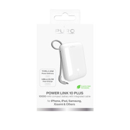 „Puro Power Link 10 Plus“ 10000 mAh išorinė baterija su integruotu USB-C laidu – balta