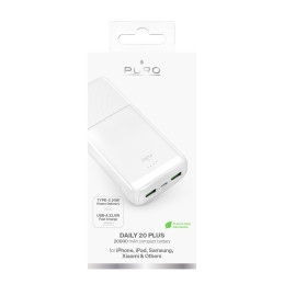 Nešiojamoji baterija „Puro DAILY 20 PLUS“ 20000mAh 2x USB-A / 1x USB-C 22.5W PD AFC - balta