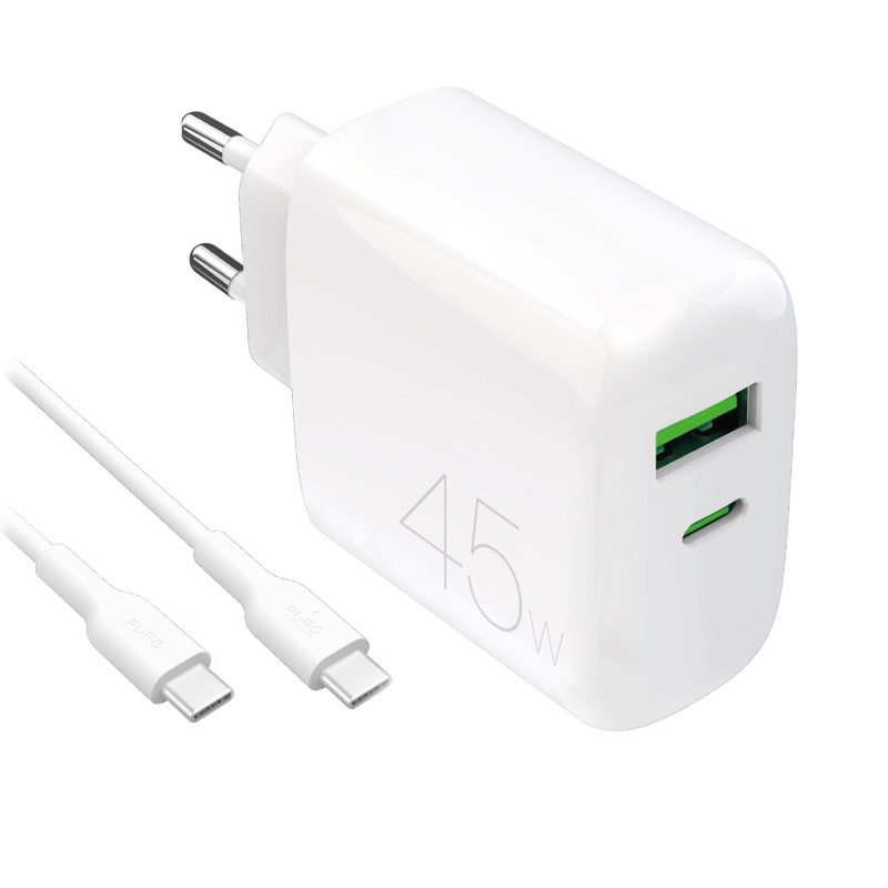 „Puro Daily Prolite“ 45 W USB-C USB-A maitinimo įkroviklis su USB-C laidu – baltas
