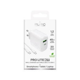 „Puro Daily Prolite“ 45 W USB-C USB-A maitinimo įkroviklis su USB-C laidu – baltas