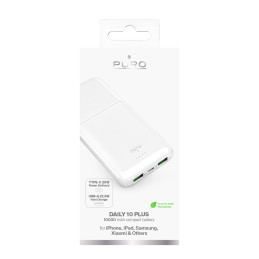 Nešiojamoji baterija „Puro DAILY 10 PLUS“ 10000mAh, 2x USBA / 1x USB-C, 22,5 W, balta