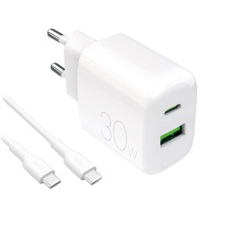 „Puro PROLITE“ 30 W USB-A / USB-C sieninis įkroviklis + USB-C – USB-C laidas 1,2 m – baltas