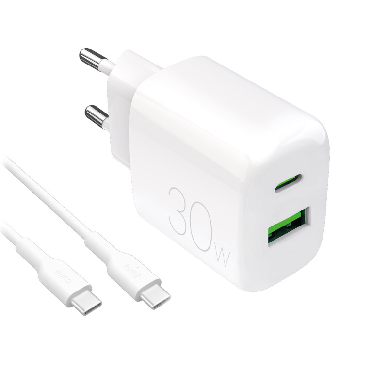 „Puro PROLITE“ 30 W USB-A / USB-C sieninis įkroviklis + USB-C – USB-C laidas 1,2 m – baltas