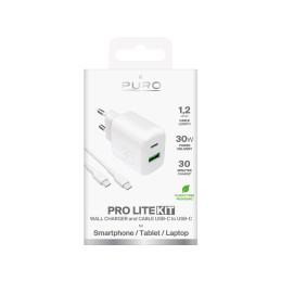„Puro PROLITE“ 30 W USB-A / USB-C sieninis įkroviklis + USB-C – USB-C laidas 1,2 m – baltas