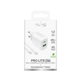 „Puro PROLITE“ 25 W USB-A / USB-C sieninis įkroviklis + USB-C – USB-C laidas 1,2 m – baltas