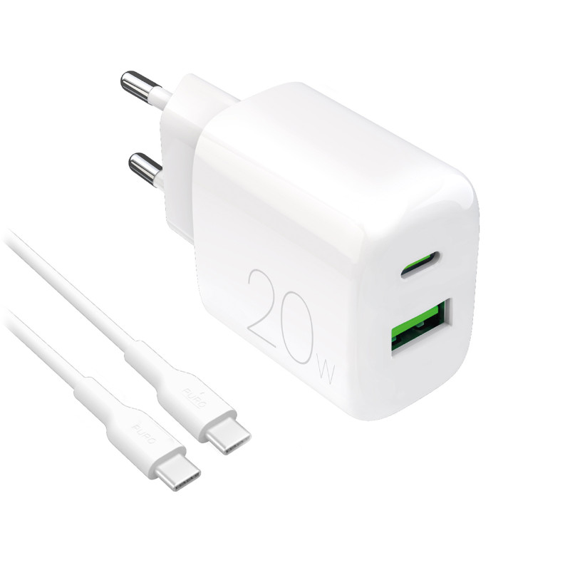 „Puro PROLITE“ 20 W USB-A / USB-C sieninis įkroviklis + USB-C – USB-C laidas 1,2 m – baltas