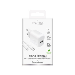 „Puro PROLITE“ 10 W USB-A sieninis įkroviklis + USB-A - USB-C laidas 1,2 m - baltas