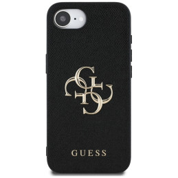 „Guess“ PU grūdėtas 4G metalinis logotipo dėklas, skirtas iPhone 16e - juodas
