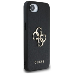 „Guess“ PU grūdėtas 4G metalinis logotipo dėklas, skirtas iPhone 16e - juodas