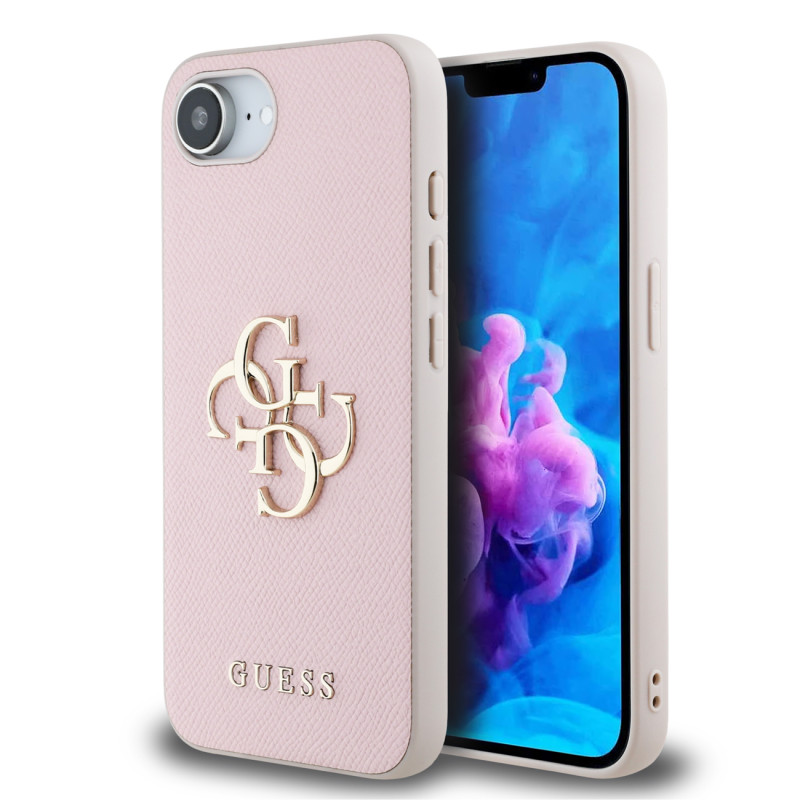 „Guess“ PU grūdėtas 4G metalinis iPhone 16e dėklas – rožinis