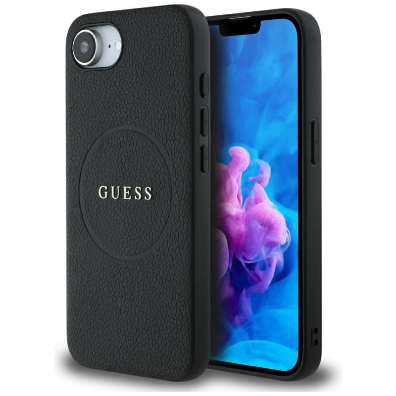 „Guess“ PU grūdėtas klasikinis logotipo dėklas su „MagSafe“ sąsaja, skirtas „iPhone 16e“ – juodas