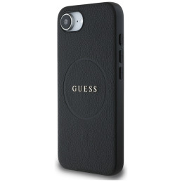 „Guess“ PU grūdėtas klasikinis logotipo dėklas su „MagSafe“ sąsaja, skirtas „iPhone 16e“ – juodas