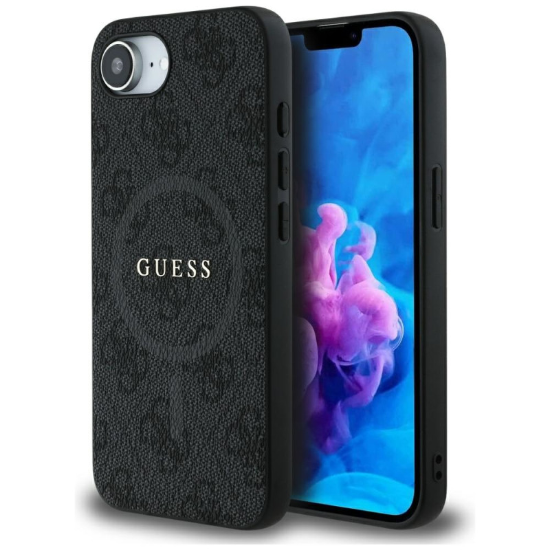 „Guess“ PU odos 4G spalvotas žiedinis dėklas su „MagSafe“ apsauga, skirtas „iPhone 16e“ – juodas