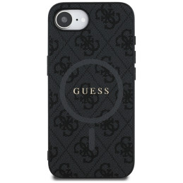 „Guess“ PU odos 4G spalvotas žiedinis dėklas su „MagSafe“ apsauga, skirtas „iPhone 16e“ – juodas