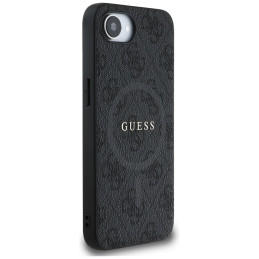 „Guess“ PU odos 4G spalvotas žiedinis dėklas su „MagSafe“ apsauga, skirtas „iPhone 16e“ – juodas