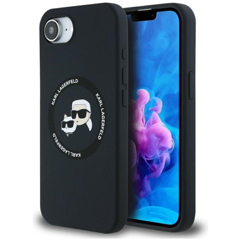 „Karl Lagerfeld“ skysto silikono dėklas „Karl & Choupette Heads“ su „MagSafe“ apsauga, skirtas „iPhone 16e“ – juodas