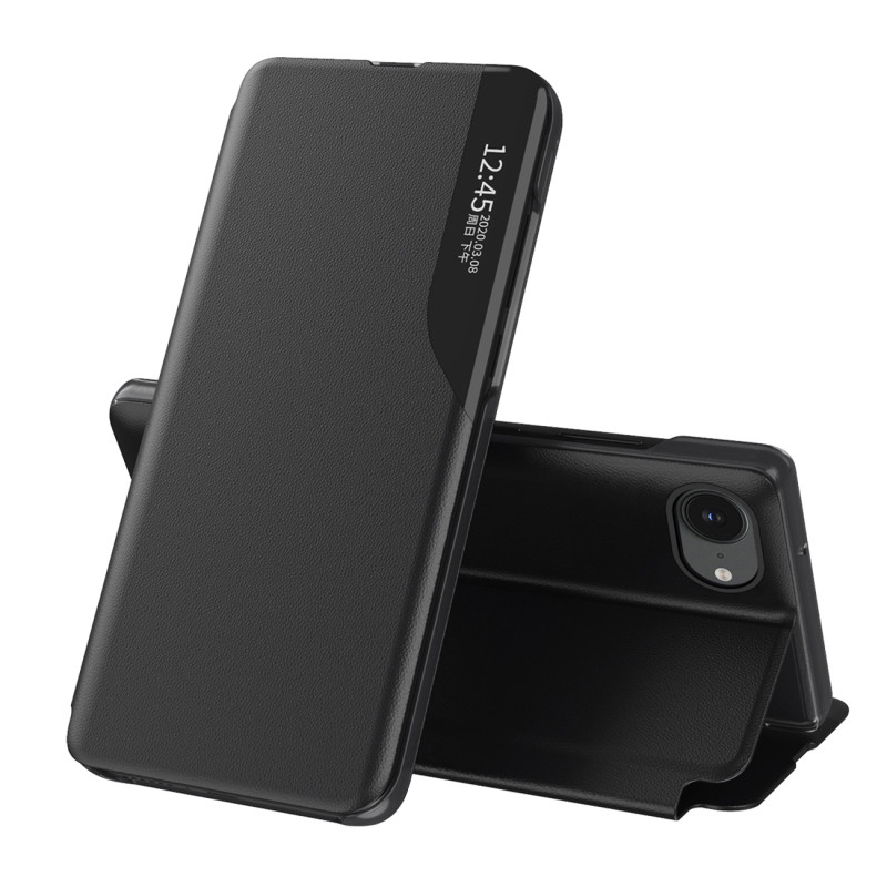 Elegantiškas ekologiškos odos „View Case“ dėklas su atvartu ir stovu, skirtas „iPhone 16e“ – juodas