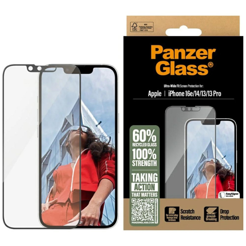 „PanzerGlass“ itin plataus skersmens grūdinto stiklo dėklas, skirtas „iPhone 13 / 13 Pro / 14 / 16e“ – skaidrus