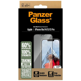 „PanzerGlass“ itin plataus skersmens grūdinto stiklo dėklas, skirtas „iPhone 13 / 13 Pro / 14 / 16e“ – skaidrus