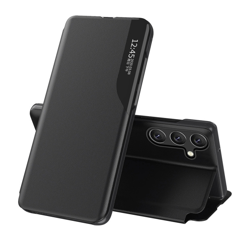Elegantiškas ekologiškos odos „View Case“ dėklas su atvartu ir stovu, skirtas „Samsung Galaxy S25 Edge“ - juodas