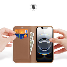 „Dux Ducis Hivo“ iPhone 16e dėklas su atverčiamu dangteliu ir RFID apsauga – rudas