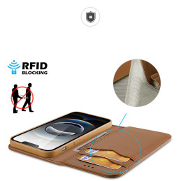 „Dux Ducis Hivo“ iPhone 16e dėklas su atverčiamu dangteliu ir RFID apsauga – rudas