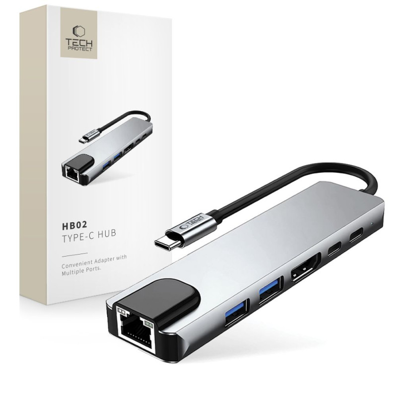 „Tech-Protect HB02“ šakotuvo adapteris 6in1 USB-C + USB2.0 + USB3.0 + HDMI 4K 30Hz + RJ45 + PD100W - pilkas