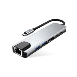„Tech-Protect HB02“ šakotuvo adapteris 6in1 USB-C + USB2.0 + USB3.0 + HDMI 4K 30Hz + RJ45 + PD100W - pilkas